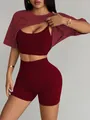 Three-piece burgundy seamless high-waisted yoga set with bra, shorts, and T-shirt - S / Top And Bottom / Burgundy