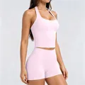 Ensemble de yoga dos nu sans couture haut de gamme avec haut et short en couleur rose pâle - S / Haut et Bas / Rose Fille