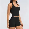 Ensemble de yoga noir sans couture pour femmes avec débardeur dos nu et short de sport - S / Haut et Bas / Noir Premium