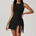 Elegant black sleeveless yoga tennis dress with side tie waist wrap skirt for fitness - S / Dresses / Black