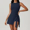 Navy blue tie-腰ste sleeveless tennis dress for yoga and intense athletic workouts - S / Dresses / Navy Blue