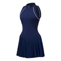 Women's navy blue sleeveless athletic tennis dress featuring pleated skirt and half-zipper - XS / Dresses / Navy Blue