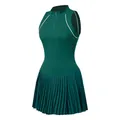Elegant dark green sleeveless women's tennis dress with a half-zip and pleated skirt - Army Green