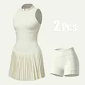 2-piece off-white stand-collar tennis dress set with pleated skirt and shorts - XS / Top And Bottom / Ivory