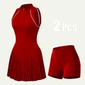 Two-piece red tennis set featuring stand collar dress and shorts with pocket - XS / Top And Bottom / Cinnabar Red