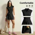 Elegant black tennis dress with built-in bra and safety shorts for yoga or workout - XS / Dresses / With Shorts / Premium Black