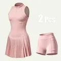 Pink 2-piece tennis dress set with sleeveless zip-neck top and pleated skirt - XS / Top And Bottom / Girl Pink