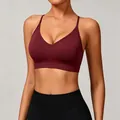 Seamless knitted burgundy sports bra with thin straps, ideal for yoga and gym workouts - XS / Tops / Burgundy