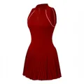 Red sleeveless tennis dress with half-zip collar and stylish pleated skirt design - Burgundy