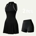 Ensemble de tennis 2 pièces noir pour femmes avec robe plissée et short assorti - Noir Premium
