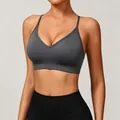 High-performance seamless knitted grey yoga sports bra with thin straps and V-neckline design - XS / Tops / Gray