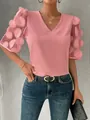 Elegant pink V-neck blouse featuring unique 3D circle applique mesh puff sleeves detail - Pink