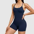 Dunkelblauer einteiliger Yoga-Einteiler mit schmalen Trägern und quadratischem Ausschnitt - XS / Set / Marineblau