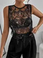 Sexy black sequin and tassel mesh tank top for evening party and summer vacation wear - S / Tops / Black