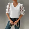 Elegant white summer V-neck blouse with sheer puff sleeves and unique 3D dot details - White