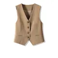 Classic minimalist khaki brown sleeveless suit vest waist coat with four buttons - S (Under 50kg) / Tops / Brown