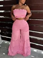Elegante conjunto rosa de top fruncido y pantalones anchos con volantes para el verano. - S / Top Y Pantalón / Rosa