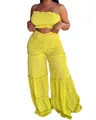 Conjunto amarillo de dos piezas con top bandeau fruncido y pantalón ancho de volantes. - Amarillo