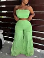 Vista completa del conjunto verde de top fruncido y pantalones anchos con capas. - S / Top Y Pantalón / Verde Fluorescente