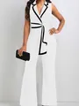 Elegant sleeveless V-neck jumpsuit with black contrast trim and wide leg design for women - S / Top And Bottom / White