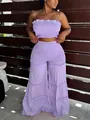 Conjunto de dos piezas morado con top corto fruncido sin tirantes y pantalones de pierna ancha - Púrpura
