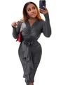 Elegant charcoal ruched bodycon dress with V-neck and 3D rose detail. - S / Dresses / Dark Gray
