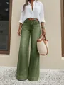 Retro olive green washed wide-leg denim jeans featuring a stylish high-waisted fit for women - S / Army Green
