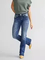Dettaglio di jeans svasati ricamati blu scuro da donna con cuciture decorative eleganti - Taglia S / Pantaloni e gonne / Blu navy