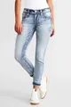 Detailed view of women's light wash slim-fit stretch denim jeans featuring embroidery - S / Bottoms / Light Blue