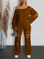 Detailed view of brown distressed two-piece set with off-shoulder top and ripped pants - S / Top And Bottom / Bronze