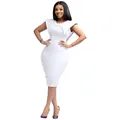 Detail view of white sleeveless office dress featuring an architectural fold collar - S / Dresses / White