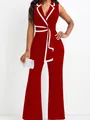 Detail view of red elegant V-neck sleeveless jumpsuit with white piping - S / Top And Bottom / Red