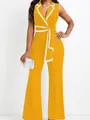 Elegant mustard yellow sleeveless V-neck jumpsuit with white trim and tie waist detail - S / Top And Bottom / Yellow
