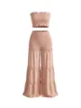 Detalle de conjunto rosa de dos piezas con top bandeau fruncido y pantalón ancho - Albaricoque