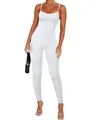 Detailed visual of a white ribbed backless sleeveless jumpsuit worn by a fashion model - S / Jumpsuits / White
