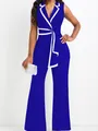 Combinaison sans manches à col en V bleu royal avec bordure blanche et jambe large chic - Bleu