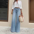 Vintage washed light blue high-waisted wide-leg denim jeans for women in retro style - S / Bottoms / Light Blue (26079#)
