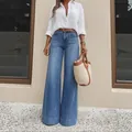 High-waisted vintage washed blue wide-leg denim jeans in a relaxed straight-leg fit - S / Bottoms / Dark Blue (26078#)