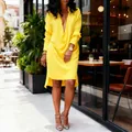 Sexy yellow deep V-neck long sleeve mini dress for nightclub and cocktail parties - S / Dresses / Yellow