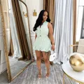 Elegant light green striped sleeveless vest with matching ruffled bubble hem mini skirt set - S / Top And Bottom / Light Green