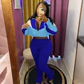 Women's two-piece casual color-block tracksuit featuring zip-up jacket and flare pants - S / Top And Bottom / Blue