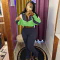 Two-piece color block sports set with zipper crop jacket and high-waist leggings - S / Top And Bottom / Green