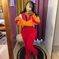 Women's color-block zip-up jacket and red flare leggings two-piece tracksuit set - Orange