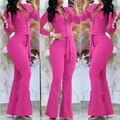 Elegant fuchsia long sleeve jumpsuit featuring a shirt collar and chic flared leg design - S / Set / Rose Red