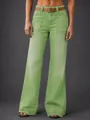 Gros plan sur un jean large vert clair à taille haute avec des poches avant plaquées - S / Bas / Vert Jaune (26062#)