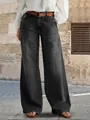 Vue complète du jean large pour femme en denim délavé gris foncé de style vintage - S / Bas / Noir (26025#)