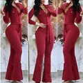 Close-up view of a burgundy long-sleeve jumpsuit featuring shirt collar and flared legs design. - Burgundy