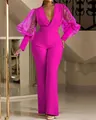 Λεπτομέρεια της φούξια ολόσωμης φόρμας με glitter mesh φουσκωτά μανίκια και λαιμόκοψη V - S / Σετ / Τριανταφυλλί
