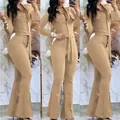 Khaki long-sleeve jumpsuit with a shirt collar and a belted waist, triple view - S / Set / Khaki