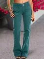 Jean droit taille haute pour femme couleur sarcelle avec fermeture à double bouton - Vert malachite